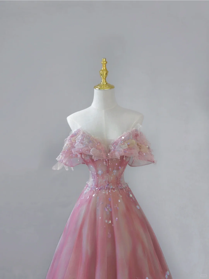 Vestido de fiesta largo de tul rosa con hombros descubiertos y corte en A, estilo cuento de hadas, DP501