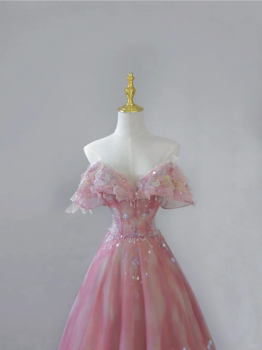 Vestido de fiesta largo de tul rosa con hombros descubiertos y corte en A, estilo cuento de hadas, DP501