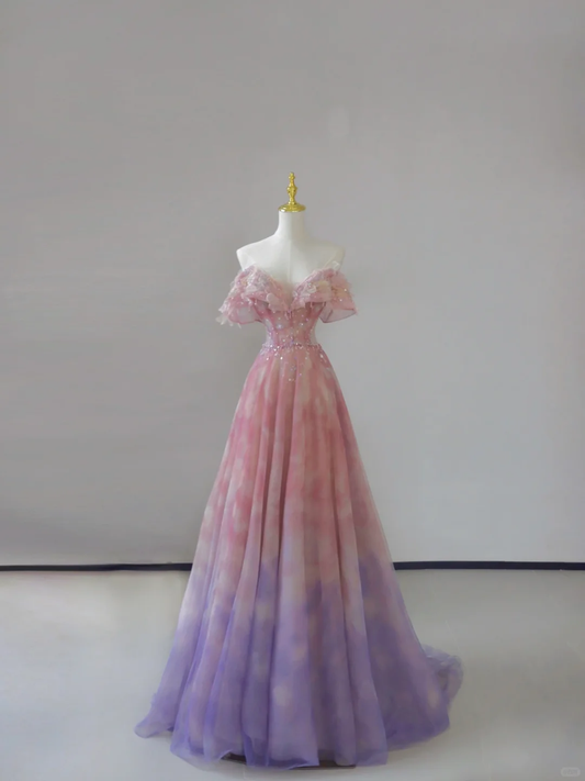 Vestido de fiesta largo de tul rosa con hombros descubiertos y corte en A, estilo cuento de hadas, DP501