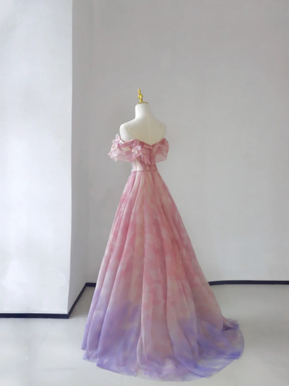 Vestido de fiesta largo de tul rosa con hombros descubiertos y corte en A, estilo cuento de hadas, DP501