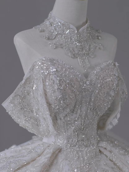 Vestido de novia atemporal con hombros descubiertos, mangas cortas, largo de satén blanco, cola larga, DP503