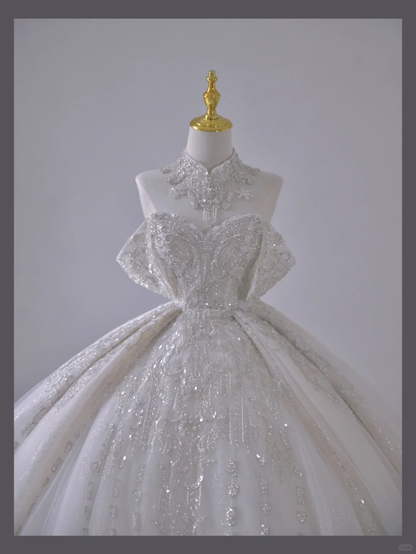 Vestido de novia atemporal con hombros descubiertos, mangas cortas, largo de satén blanco, cola larga, DP503