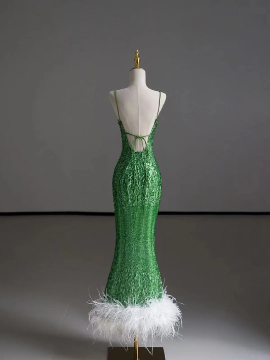 Hermoso vestido de fiesta largo con tirantes finos, verde, sin mangas, con lentejuelas, DP504