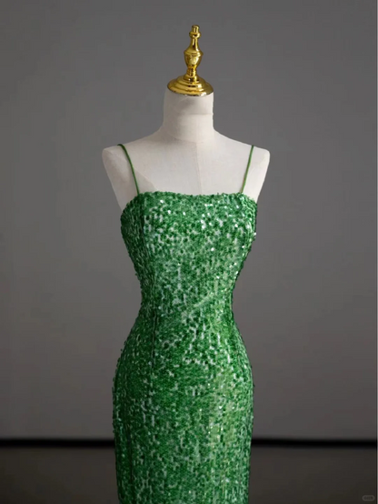 Hermoso vestido de fiesta largo con tirantes finos, verde, sin mangas, con lentejuelas, DP504