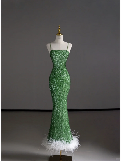 Hermoso vestido de fiesta largo con tirantes finos, verde, sin mangas, con lentejuelas, DP504