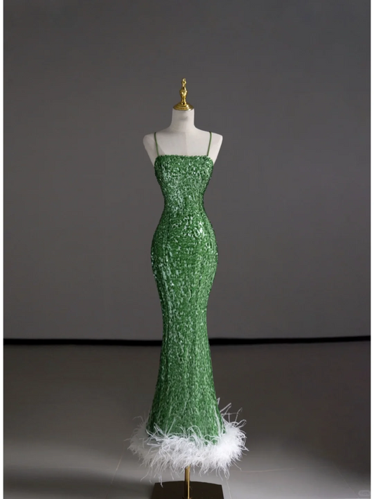 Hermoso vestido de fiesta largo con tirantes finos, verde, sin mangas, con lentejuelas, DP504
