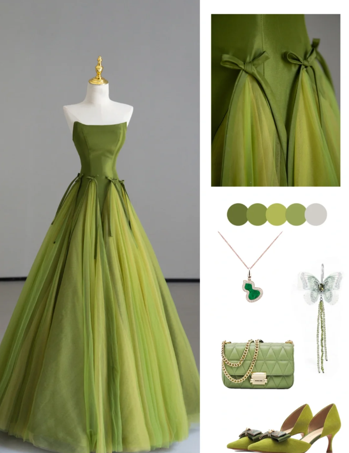 Elegante vestido de fiesta sin tirantes de tul verde, para fiesta de cumpleaños, baile, graduación, DP505