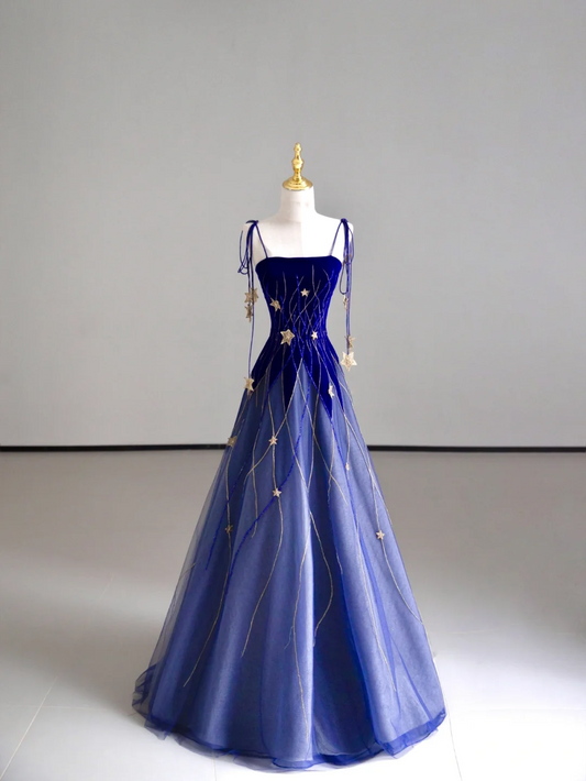 Elegante vestido de fiesta con tirantes de tul azul, para cumpleaños, baile, graduación, DP506