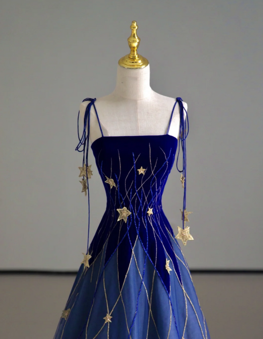 Elegante vestido de fiesta con tirantes de tul azul, para cumpleaños, baile, graduación, DP506