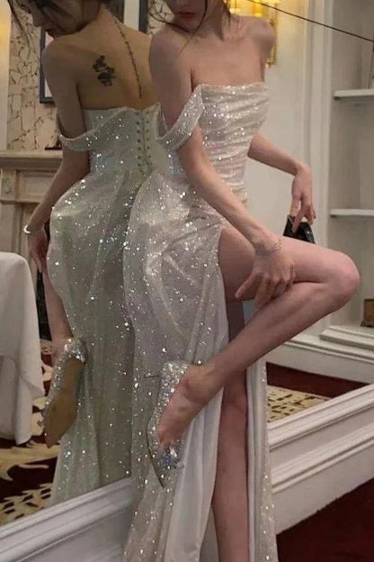 Vestido de fiesta largo con lentejuelas plateadas, hombros descubiertos y corte sirena brillante, con abertura frontal, DP507
