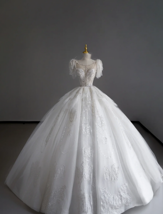 Vestido de novia atemporal con escote redondo, mangas cortas, satén blanco, cola larga, DP507