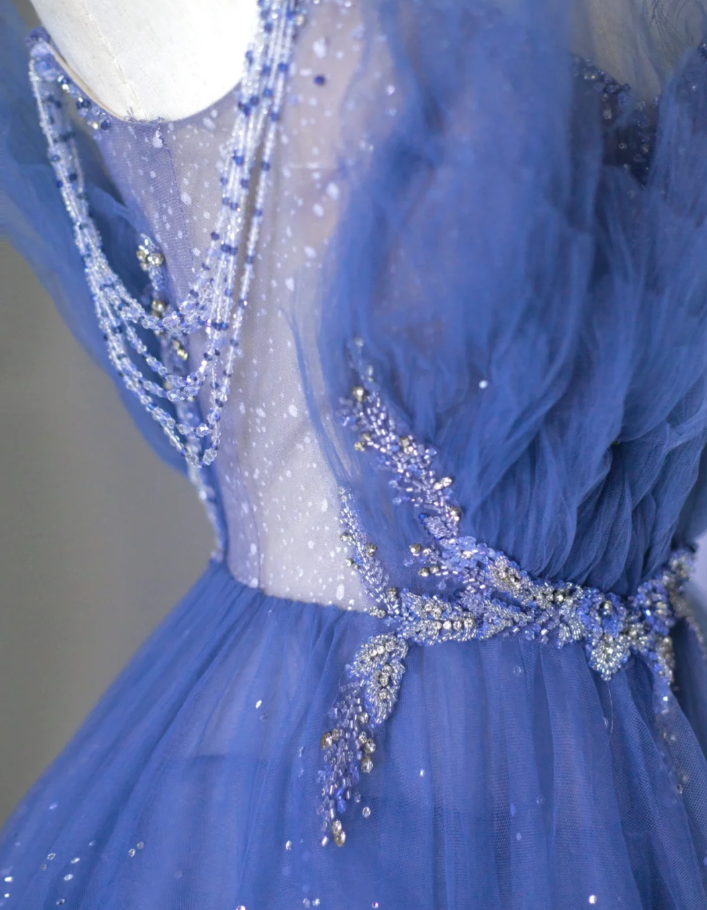 Elegante vestido de fiesta con tirantes finos de tul azul rey, para fiesta de cumpleaños, baile, graduación, DP510