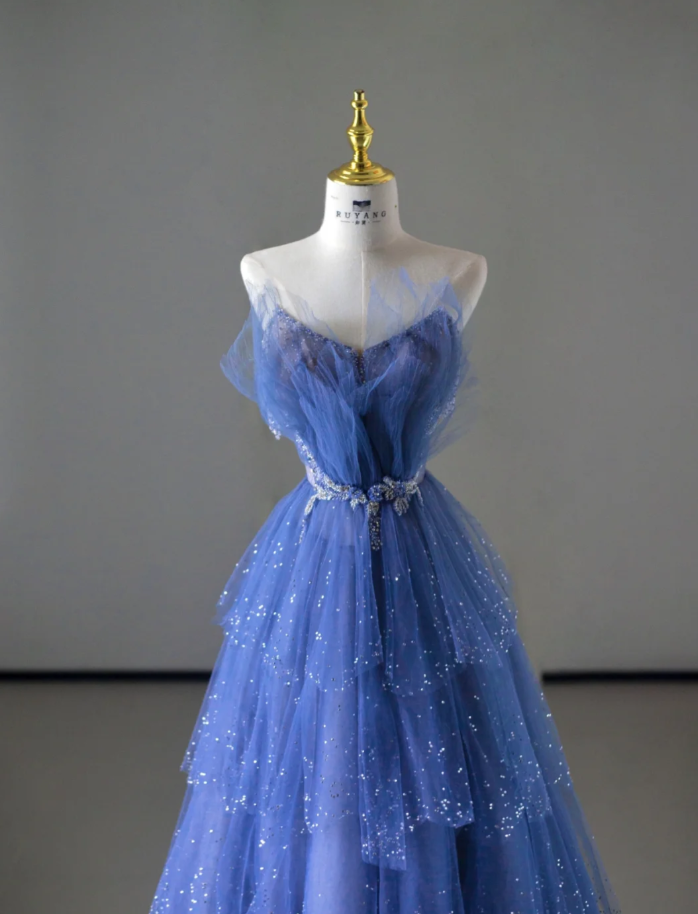 Elegante vestido de fiesta con tirantes finos de tul azul rey, para fiesta de cumpleaños, baile, graduación, DP510