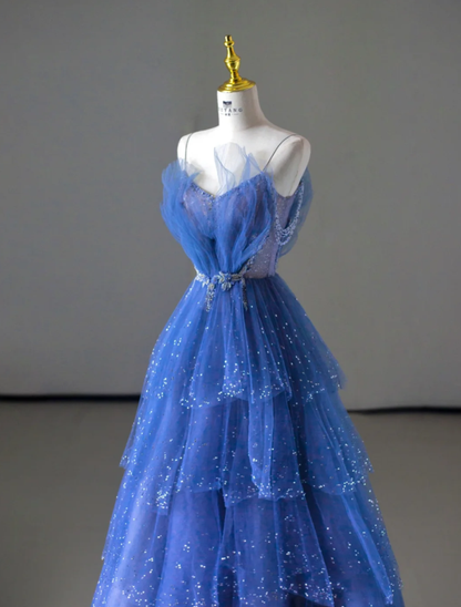 Elegante vestido de fiesta con tirantes finos de tul azul rey, para fiesta de cumpleaños, baile, graduación, DP510