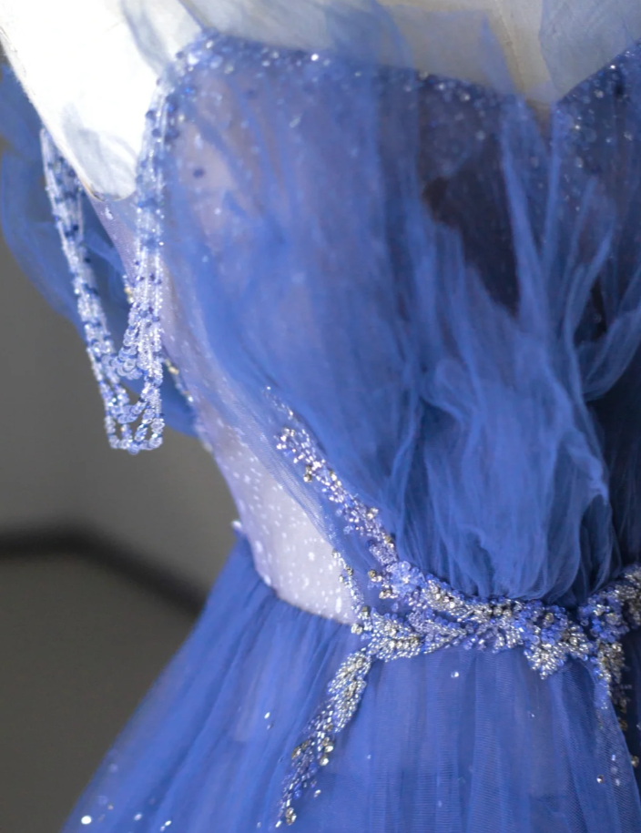 Elegante vestido de fiesta con tirantes finos de tul azul rey, para fiesta de cumpleaños, baile, graduación, DP510