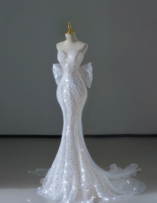Vestido de novia largo blanco con lentejuelas y hombros descubiertos de sirena de ensueño, vestido de novia de verano DP515