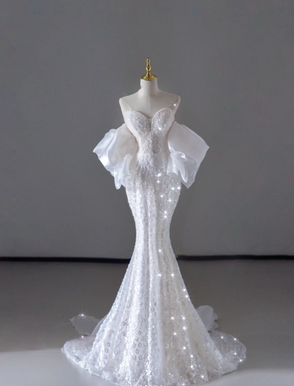 Vestido de novia largo blanco con lentejuelas y hombros descubiertos de sirena de ensueño, vestido de novia de verano DP515