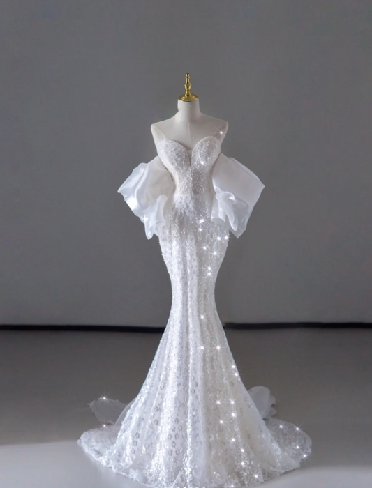 Vestido de novia largo blanco con lentejuelas y hombros descubiertos de sirena de ensueño, vestido de novia de verano DP515