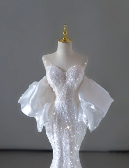 Vestido de novia largo blanco con lentejuelas y hombros descubiertos de sirena de ensueño, vestido de novia de verano DP515