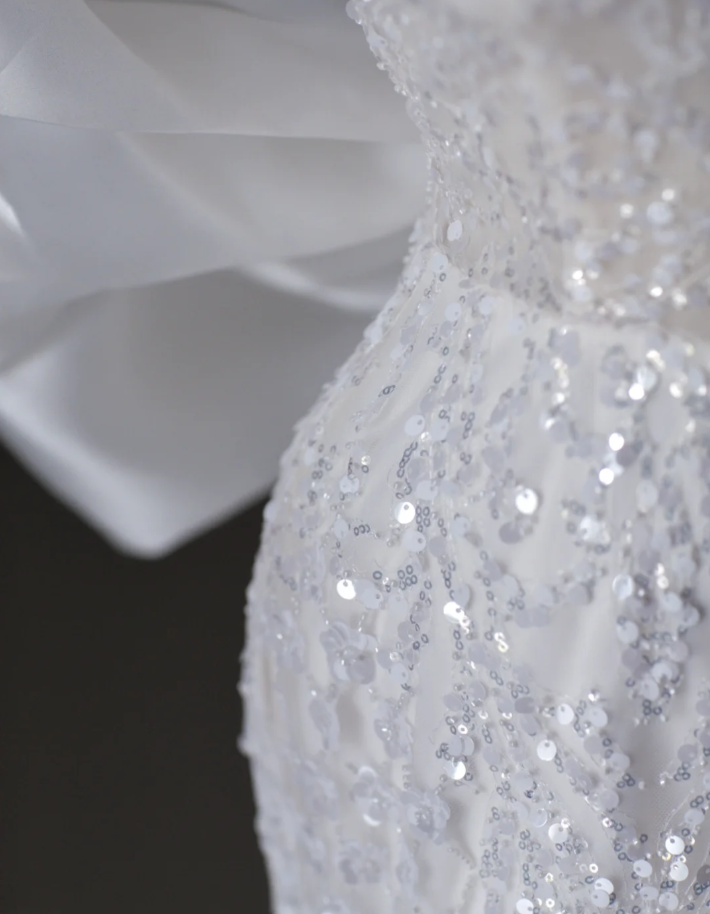 Vestido de novia largo blanco con lentejuelas y hombros descubiertos de sirena de ensueño, vestido de novia de verano DP515
