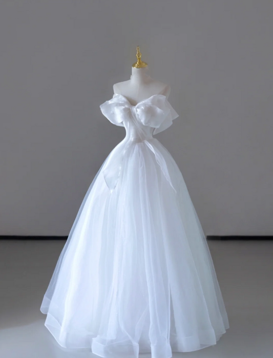 Vestido de novia largo de tul blanco con hombros descubiertos de ensueño, vestido de novia de verano DP517