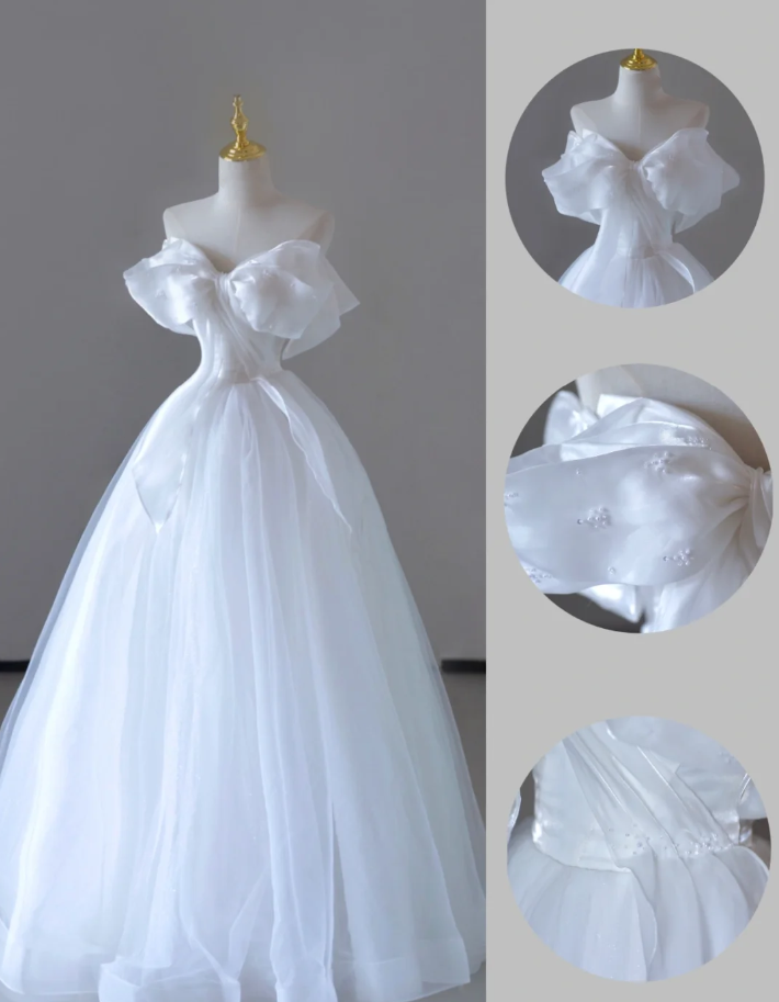 Vestido de novia largo de tul blanco con hombros descubiertos de ensueño, vestido de novia de verano DP517