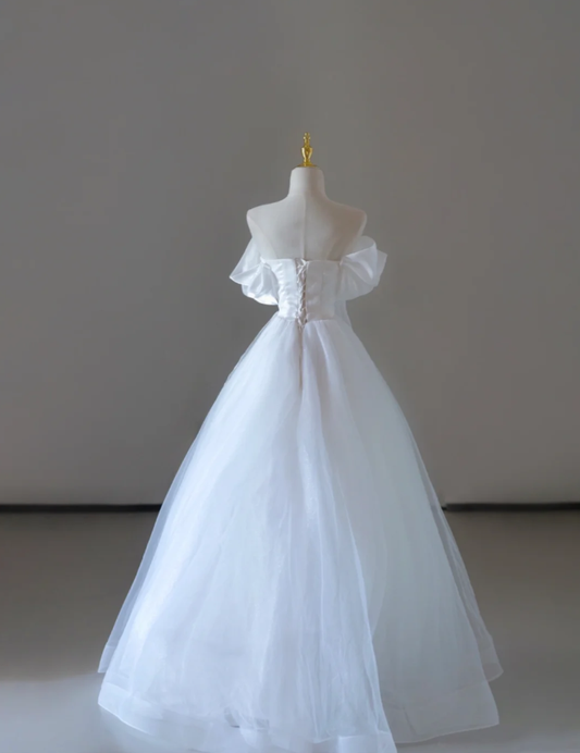 Vestido de novia largo de tul blanco con hombros descubiertos de ensueño, vestido de novia de verano DP517