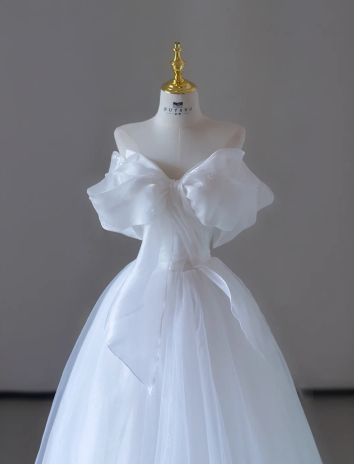 Vestido de novia largo de tul blanco con hombros descubiertos de ensueño, vestido de novia de verano DP517