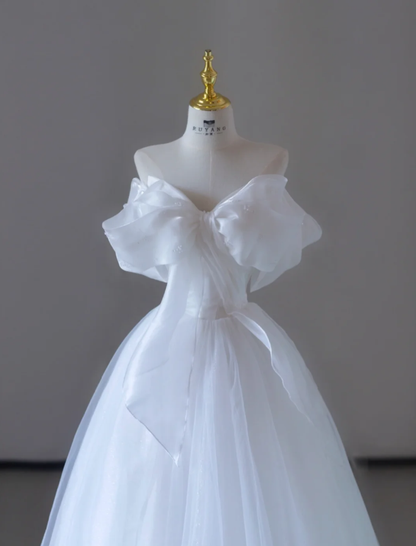 Vestido de novia largo de tul blanco con hombros descubiertos de ensueño, vestido de novia de verano DP517