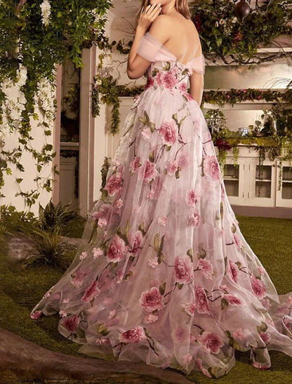 Vestidos de fiesta elegantes, florales, para invitados de boda, formales, con cola larga, sin mangas, hombros descubiertos, de encaje, DP520