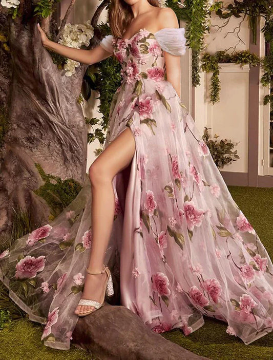 Vestidos de fiesta elegantes, florales, para invitados de boda, formales, con cola larga, sin mangas, hombros descubiertos, de encaje, DP520