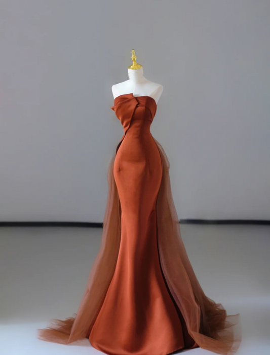 Hermosos vestidos de fiesta largos de satén sin mangas y sin tirantes de sirena DP524