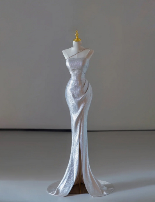 Hermosos vestidos de fiesta largos de sirena sin tirantes con lentejuelas y sin mangas DP526