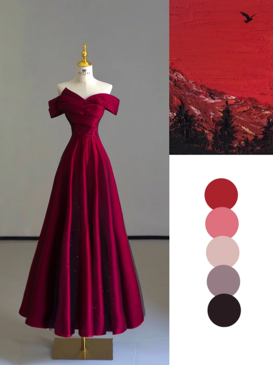 Vestido de fiesta largo de tul burdeos con hombros descubiertos y corte en A, estilo cuento de hadas, DP529
