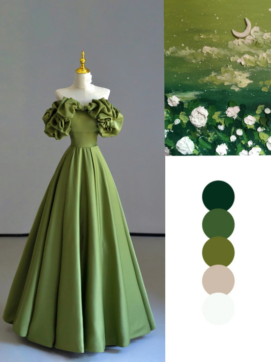 Vestido de fiesta largo de satén verde con hombros descubiertos y corte en A, estilo cuento de hadas, DP530