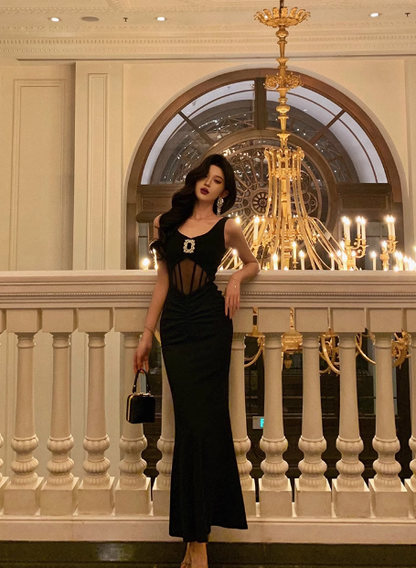 Vestido negro sin mangas con escote en V y corte sirena para fiesta de 18 cumpleaños, ideas para vestidos de cumpleaños para mujeres (DP538)