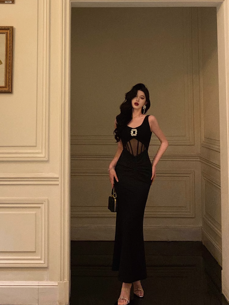 Vestido negro sin mangas con escote en V y corte sirena para fiesta de 18 cumpleaños, ideas para vestidos de cumpleaños para mujeres (DP538)