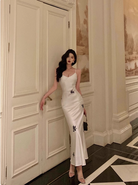 Vestido de fiesta de sirena con tirantes finos, sin mangas, color blanco, para cumpleaños número 18, para mujer, DP0539