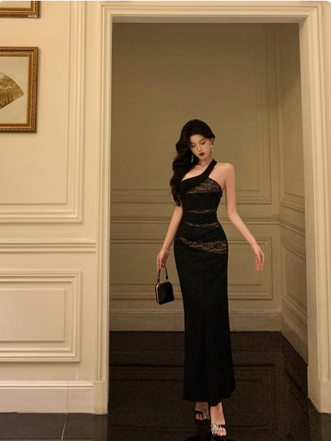 Vestido elegante de fiesta negro de un solo hombro, sin mangas, para cumpleaños número 18, ideas para vestidos de cumpleaños para mujeres DP540
