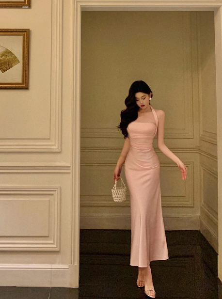 Elegante vestido de fiesta de satén rosa con cuello halter y mangas cortas para 21 cumpleaños, ideas para vestidos de cumpleaños para mujeres (DP542)