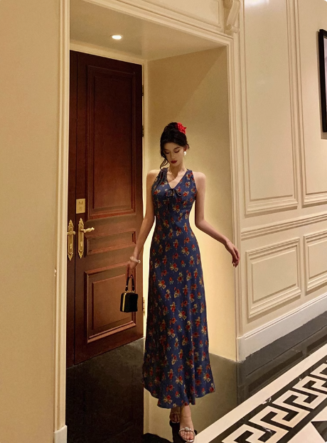 Vestido elegante de sirena con escote en V y estampado floral azul para cumpleaños número 18, ideas para vestidos de cumpleaños número 21 para mujeres (DP569)