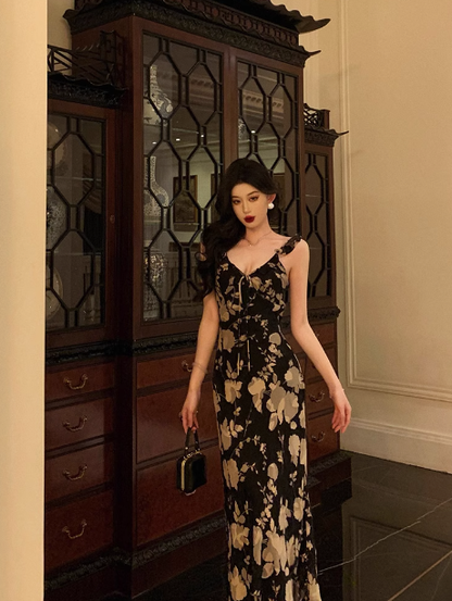Vestido elegante de sirena con tirantes finos, negro, floral, sin mangas, para fiesta de 18 cumpleaños, atuendos de cumpleaños, ideas para vestidos de cumpleaños para mujeres DP570