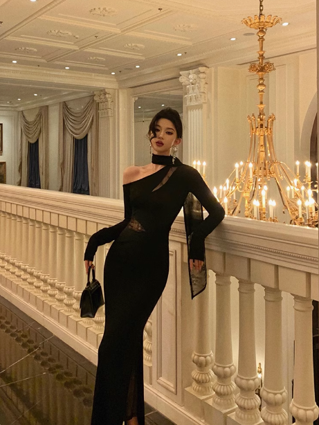 Vestido elegante de sirena con un solo hombro, negro, de manga larga, para cumpleaños número 18, atuendos para cumpleaños número 21, ideas de vestidos de cumpleaños para mujeres DP571