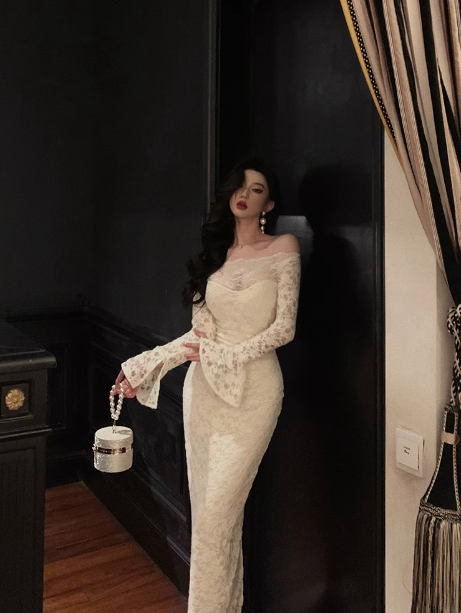 Vestido elegante de encaje blanco con hombros descubiertos para fiesta de 18 cumpleaños. Ideas de vestidos de cumpleaños para mujeres (DP572).
