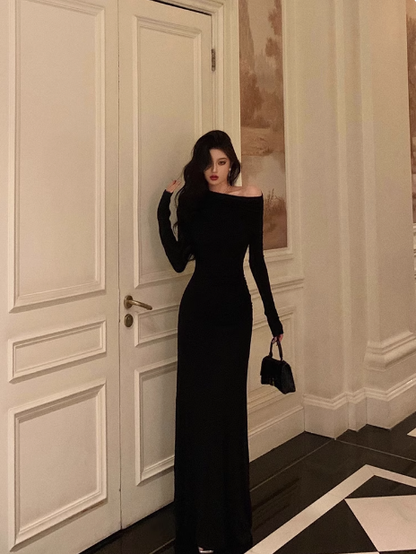 Elegante vestido negro de sirena con mangas largas para fiesta de 18 cumpleaños. Ideas de vestidos de cumpleaños para mujeres (DP574).