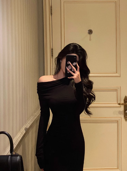Elegante vestido negro de sirena con mangas largas para fiesta de 18 cumpleaños. Ideas de vestidos de cumpleaños para mujeres (DP574).