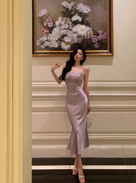 Vestido elegante de sirena con tirantes finos en color lila para fiesta de 18 cumpleaños. Ideas para vestidos de cumpleaños para mujeres (DP578).