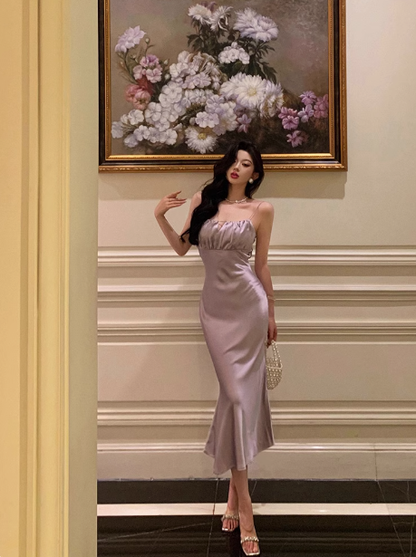 Vestido elegante de sirena con tirantes finos en color lila para fiesta de 18 cumpleaños. Ideas para vestidos de cumpleaños para mujeres (DP578).