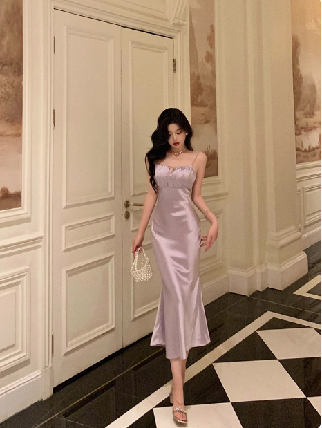Vestido elegante de sirena con tirantes finos en color lila para fiesta de 18 cumpleaños. Ideas para vestidos de cumpleaños para mujeres (DP578).