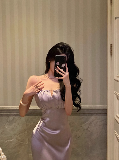Vestido elegante de sirena con tirantes finos en color lila para fiesta de 18 cumpleaños. Ideas para vestidos de cumpleaños para mujeres (DP578).